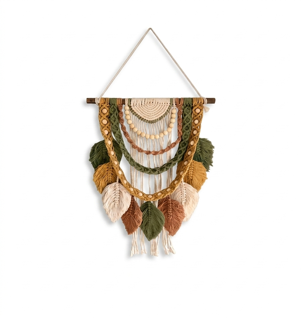 Macrame Wall Hanging with Leaf Tassels and Wood Beads, Boho Style, 70x40cm
