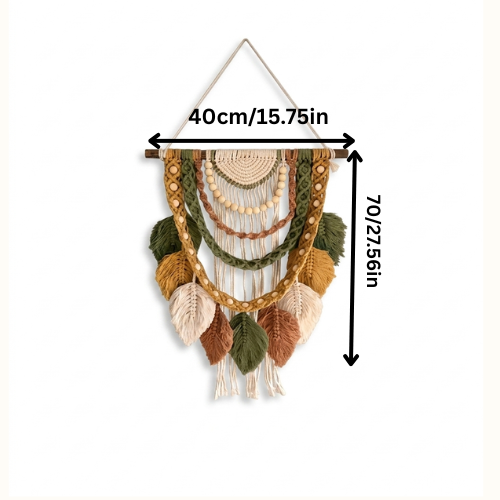Macrame Wall Hanging with Leaf Tassels and Wood Beads, Boho Style, 70x40cm