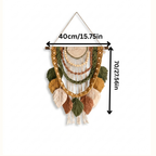 Macrame Wall Hanging with Leaf Tassels and Wood Beads, Boho Style, 70x40cm