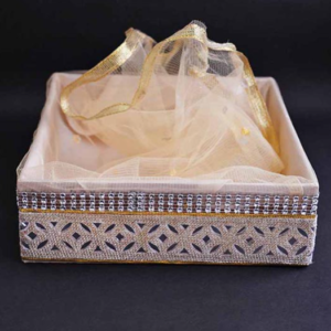 Wooden Gold Gift Box with Decorative Netting