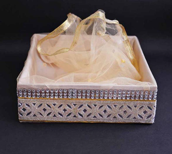 Wooden Gold Gift Box with Decorative Netting