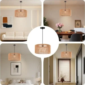 Boho Rattan Pendant Light 40CM Vintage Ceiling Light Woven Paper Rope Pendant Lamp