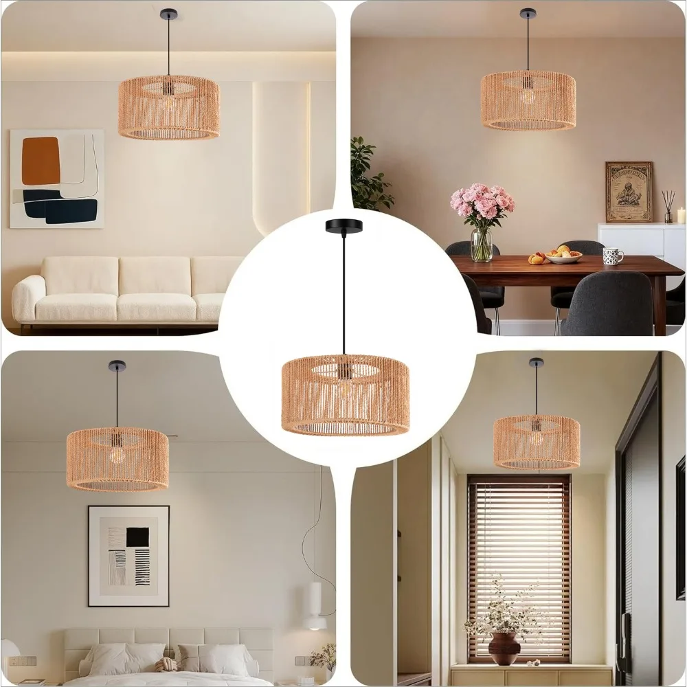 Boho Rattan Pendant Light 40CM Vintage Ceiling Light Woven Paper Rope Pendant Lamp