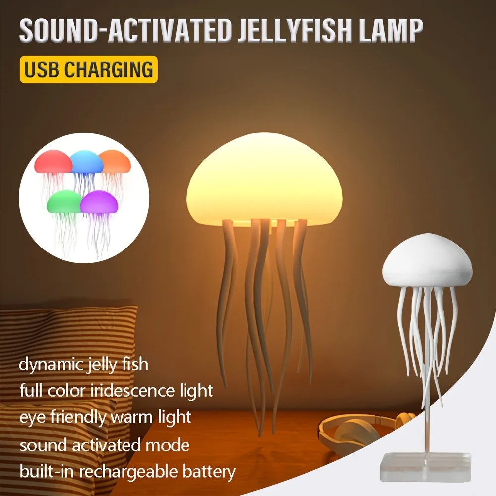 Bionic Jellyfish Night Light,USB Rechargeable with Voice Control,Dancing Tentacles,5 RGB Gradient,Floating Lamp,Bedroom Decor