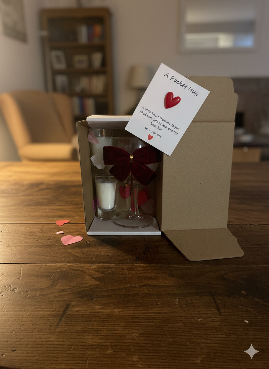 Pocket Hug Gift Box – Thinking of You Letterbox Gift with Keepsake Heart & Wine Glass - Image 5
